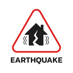 Earthquake Warning Sign With Crack House Symbol in Red Triangle Board. Safety Notice, Hazard Alert, Risk Dangerous Zone, Broke Damage Residential Building Area. for Disaster Emergency Hazard Alert.