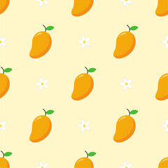 Vector seamless pattern with mango fruits. Summer tropical fruits.