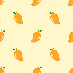 Vector seamless pattern with mango fruits. Summer tropical fruits.