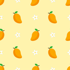 Vector seamless pattern with mango fruits. Summer tropical fruits.