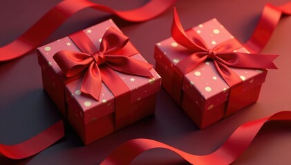 Obraz premium Elegant red ribbon tied gift boxes, gold accents, wallpaper, visual