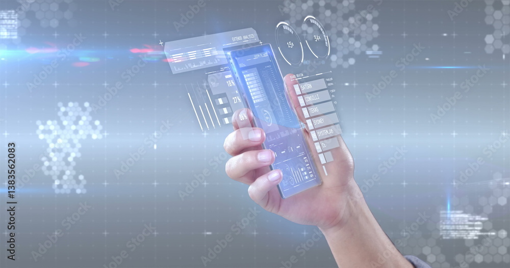 Poster hand interacting with transparent smartphone displaying futuristic digital interface