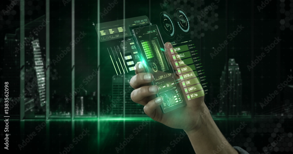 Poster hand interacting with holographic data and graphs on futuristic digital interface