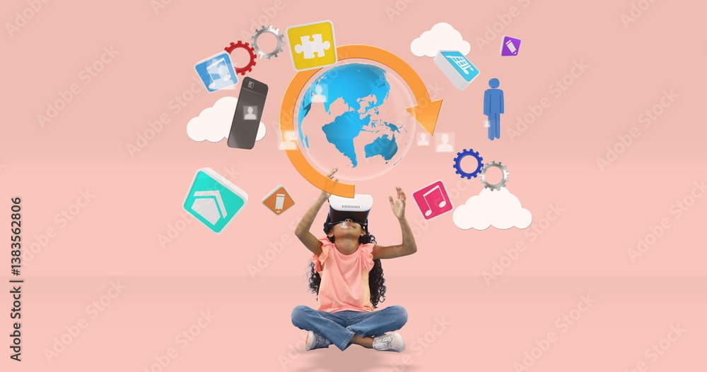 Poster child using vr headset exploring digital world with interactive icons floating