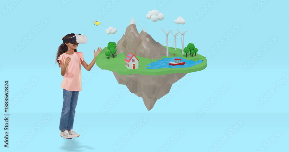 Poster using vr headset, child exploring virtual reality island in school environment