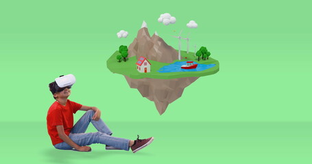 Teen using VR headset exploring virtual island with house and wind turbines