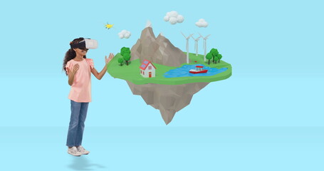 Using VR headset, child exploring virtual reality island in school environment