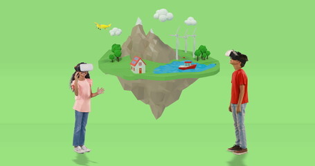 In school, children wearing VR headsets exploring digital adventure in classroom