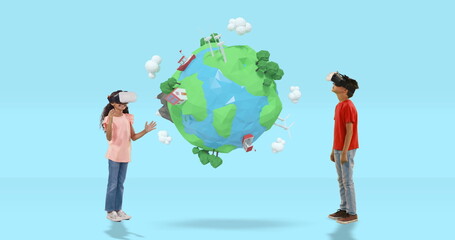 Children exploring virtual reality world with VR headsets, interacting with 3D globe