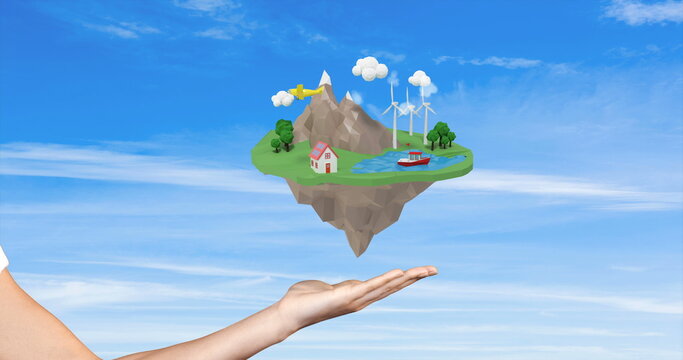 Hand holding floating island with house, wind turbines, and airplane in sky - Powered by Adobe