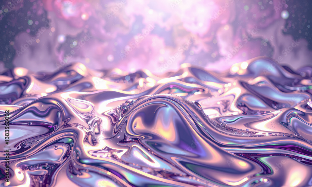 Poster mesmerizing celestial hologram background featuring undulating waves of iridescent material, reflect
