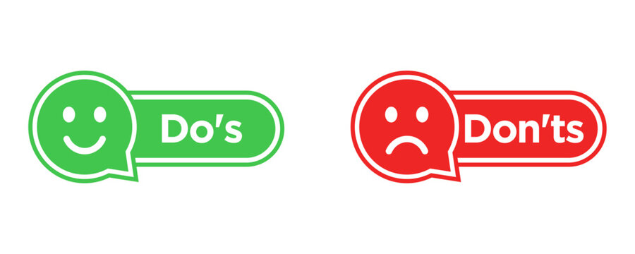 Green and red instructional vector icons for Dos & Don'ts with happy and sad face symbols. Ideal for business rules, educational materials, workplace policies, presentations, and infographics.