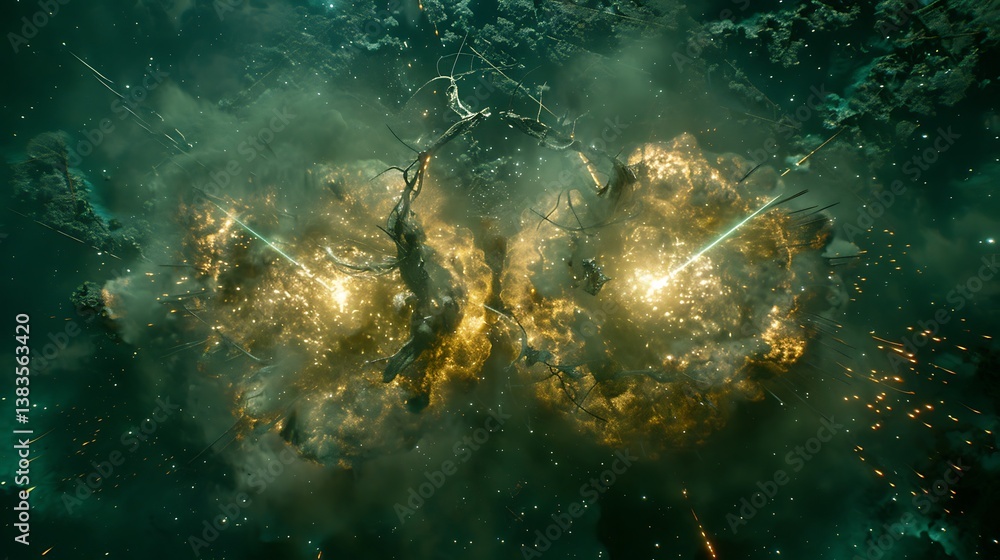 Poster explosions in the vastness of space with dynamic structures and light