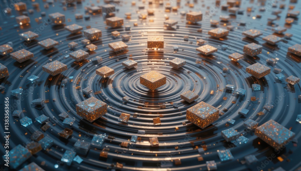 Poster dynamic ripple effect of floating 3d cubes in a reflective water surface digital art modern aestheti