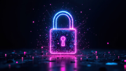 A glowing blue digital lock symbolizing cybersecurity on a dark background with light particles.