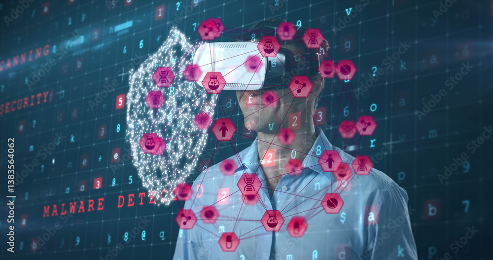 Poster image of network of connections with icons over man wearing vr headset and data processing