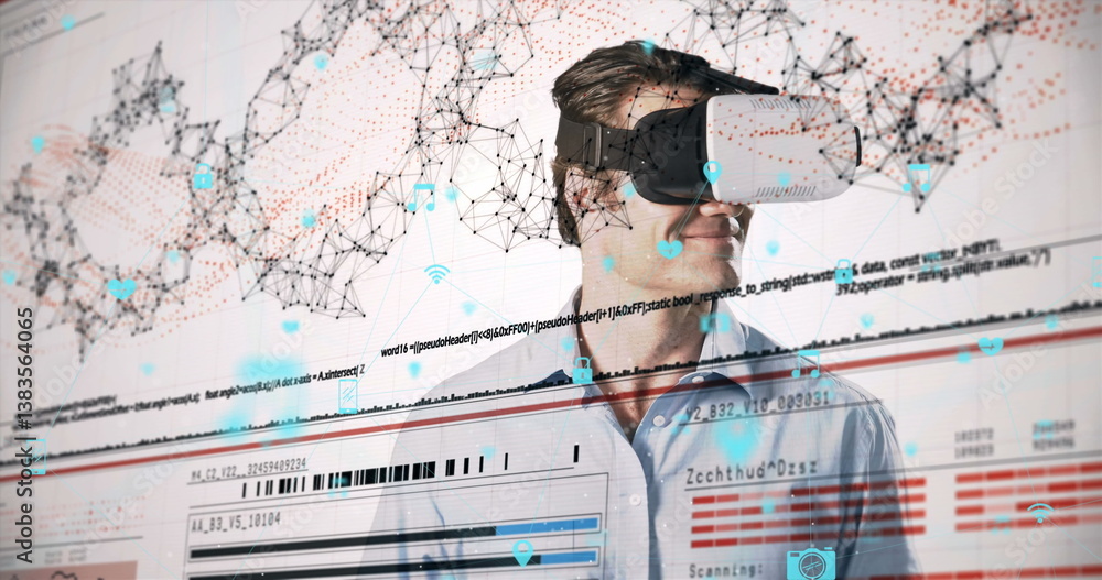 Poster image of network of connections with icons over man wearing vr headset and data processing
