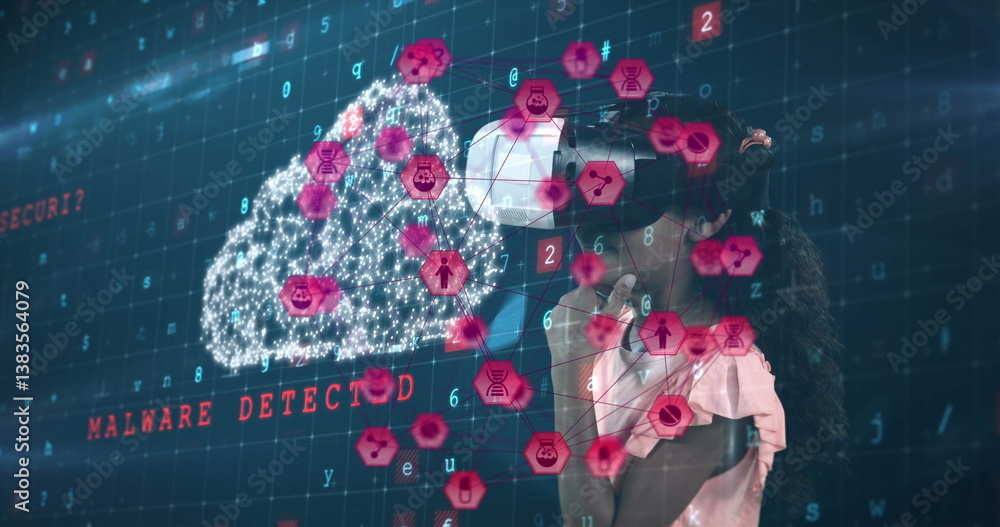 Poster image of network of connections with icons over girl wearing vr headset and data processing