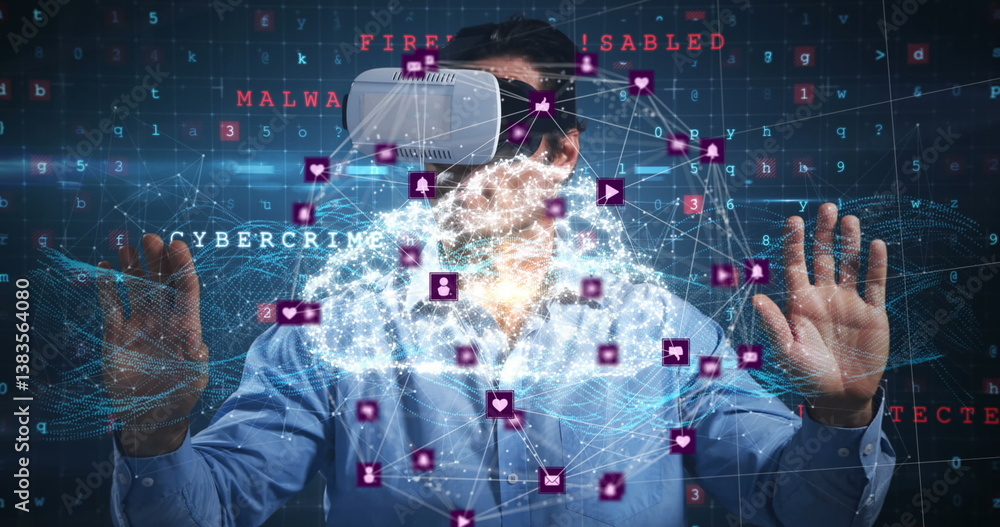 Aufkleber image of network of connections with icons over man wearing vr headset and data processing
