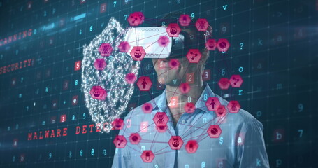 Image of network of connections with icons over man wearing vr headset and data processing