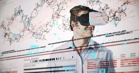 Image of network of connections with icons over man wearing vr headset and data processing