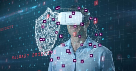 Image of data and security icons over businessman using vr headset