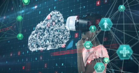 Image of network of connections with icons over girl wearing vr headset and data processing