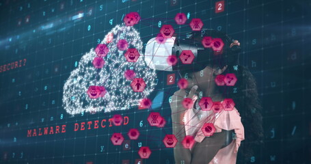 Image of network of connections with icons over girl wearing vr headset and data processing