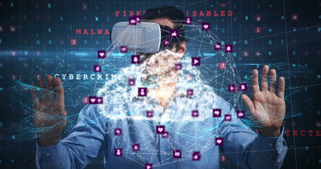 Image of network of connections with icons over man wearing vr headset and data processing