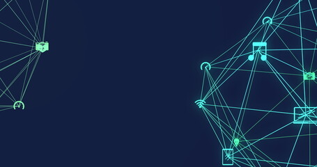 Image of networks of connections over blue background