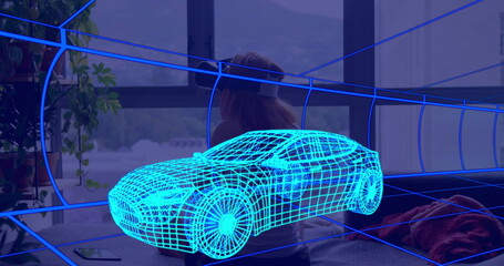 Image of 3d technical drawing of car, over woman at home wearing vr headset
