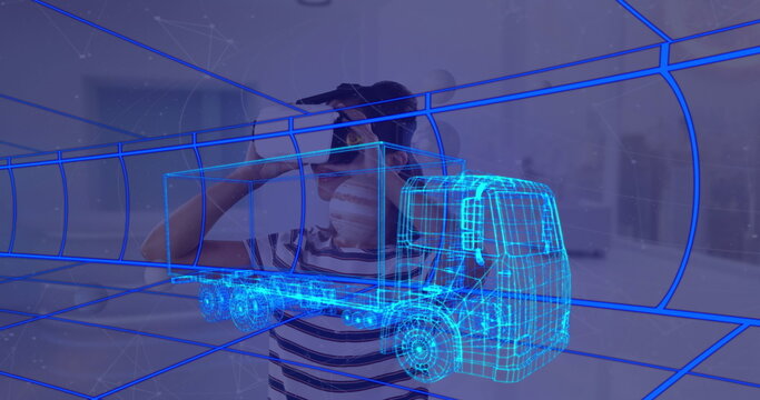 Image of 3d technical drawing of truck, over woman at home wearing vr headset