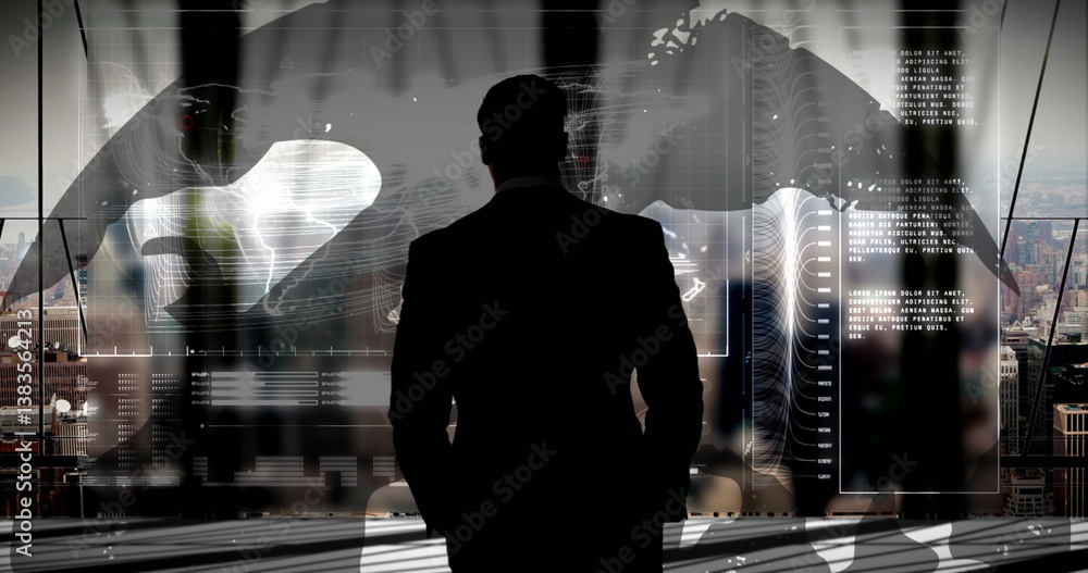 Poster image of businessman over information and data processing on interface