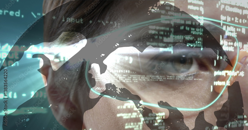 Poster image of map and data processing over eye of woman in vr glasses using interface