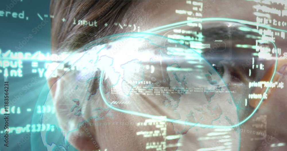 Poster image of map and data processing over eye of woman in vr glasses using interface