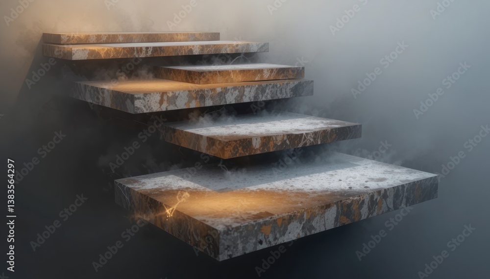 Poster mysterious floating stairs rising from fog abandoned location abstract photography surreal environme