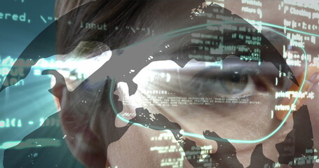 Image of map and data processing over eye of woman in vr glasses using interface