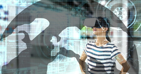 Image of networks of connections and data processing over woman wearing vr headset