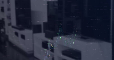 Image of financial statistics and data processing over shop interior