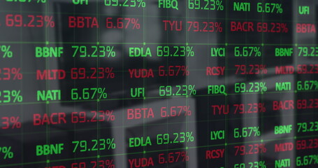 Image of financial data processing over empty premises interiors