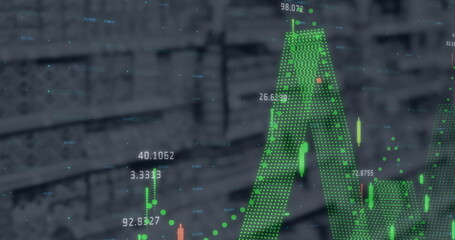 Image of financial data processing over shop interiors