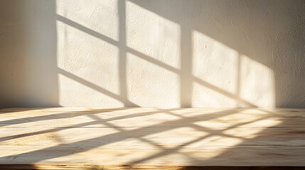 Morning sunlight casting shadows on wooden table indoor setting natural light artistic viewpoint