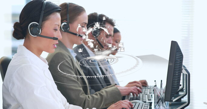 Image of scope scanning over business people using phone headsets