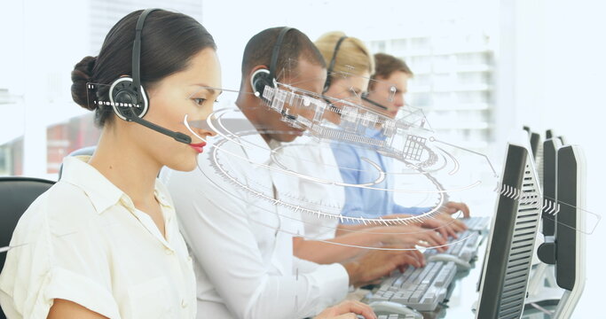 Image of scope scanning over business people using phone headsets