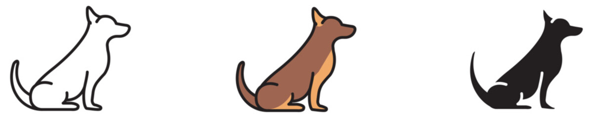 Dog icon set in outline, colored, and solid styles. Perfect for pet care, veterinary services, animal rescue, dog training, branding, mobile apps, web design, and social media graphics.