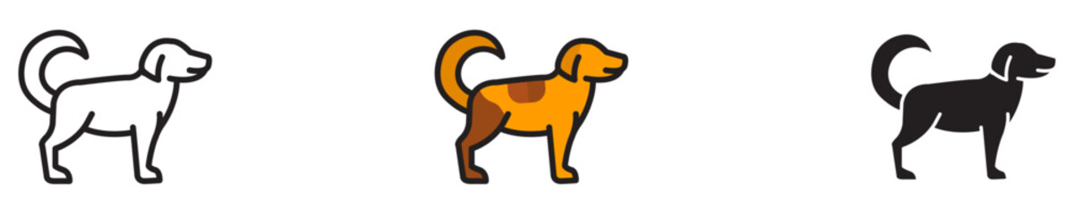 Dog icon set featuring outline, solid, and colored variations. This vector illustration is ideal for pet services, veterinary clinics, animal adoption, branding, and dog-related designs.