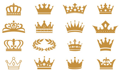 Luxurious crown icon set with 16 unique gold silhouette designs representing royalty, nobility, and power. Includes king, queen, tiara, laurel, vintage, elegant, and decorative crown elements.