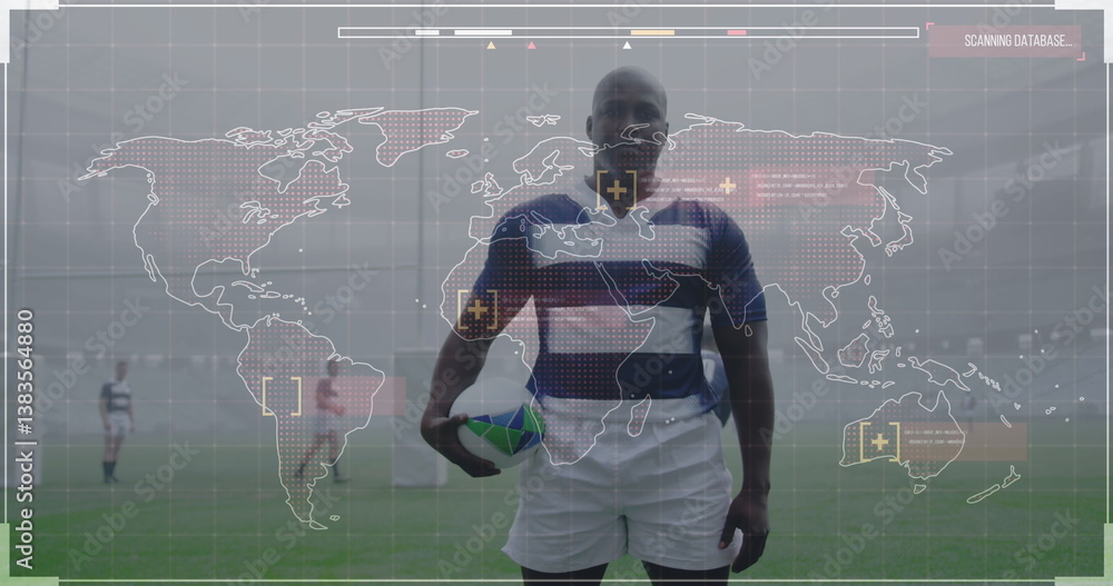 Poster image of world map with data processing over rugby players