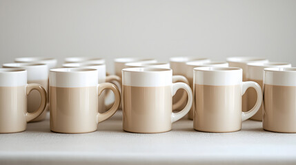 Symmetrical arrangement of coffee mugs on table home interior photography minimalist close-up aesthetic appeal