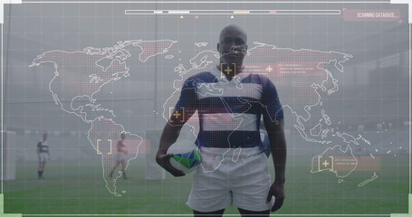Image of world map with data processing over rugby players